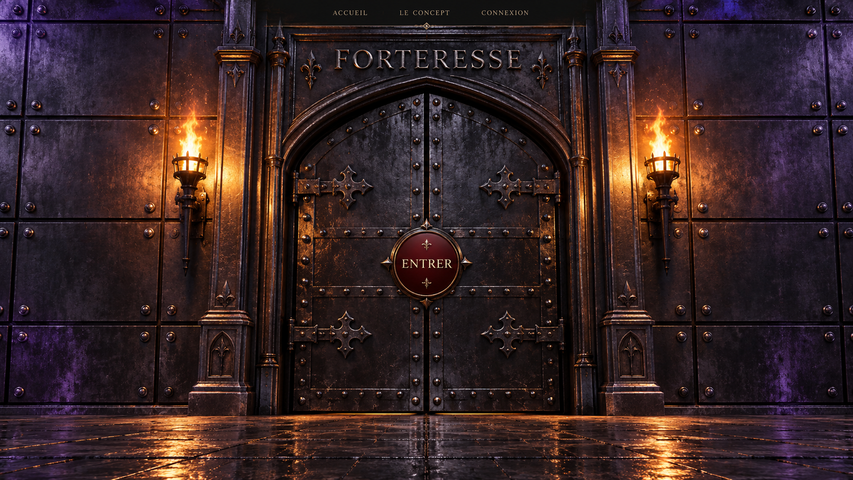Forteresse : porte gothique en acier blindé, éclairée par deux torches.